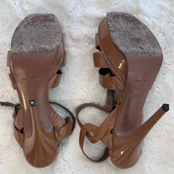 Saint Laurent Tribute Platform Sandals Dark Tan Beige Patent Authentic 38.5 - Picture 14 of 16